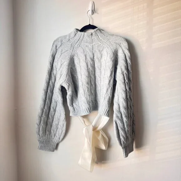 For Love and Lemons | BNWT Grey Lise Chunky Cropped Sweater w/ Ribbon Size Large - Picture 11 of 11